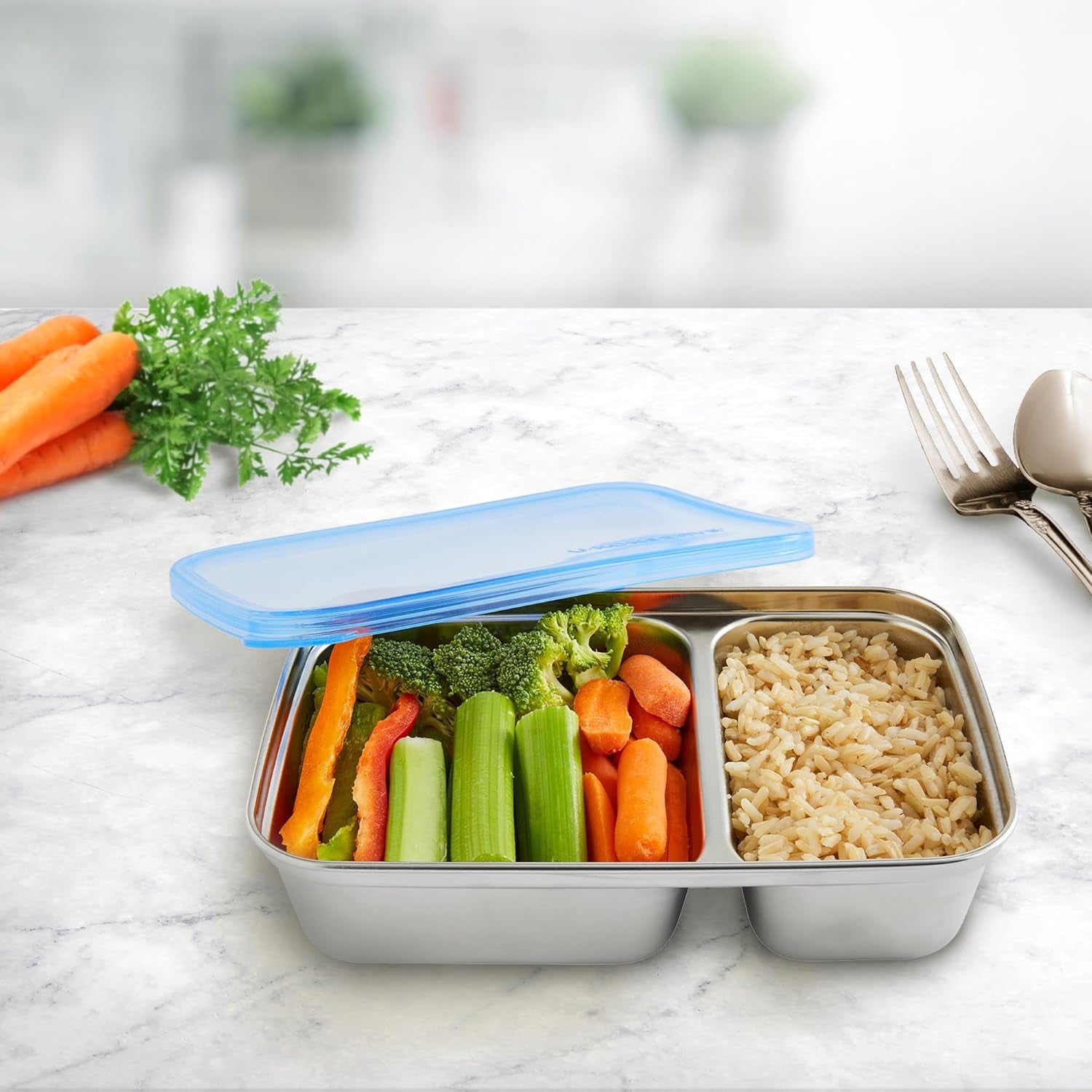 U Konserve - Verdeelde rechthoekige roestvrijstalen voedselcontainer met siliconen deksel - Island Teal - 28oz / 825ml Voedselbewaardozen Naty Shop