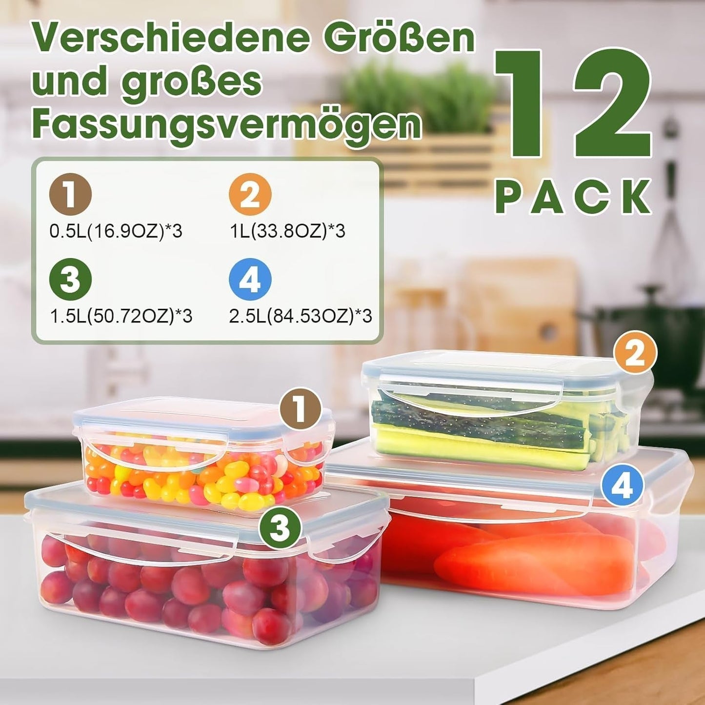 YASHE Voedselopslagpot met deksel, 12-delige plastic voorraadpottenset, BPA-vrij, 100% lekvrij, stapelbaar, doorzichtige voedselopslagdozen Naty Shop
