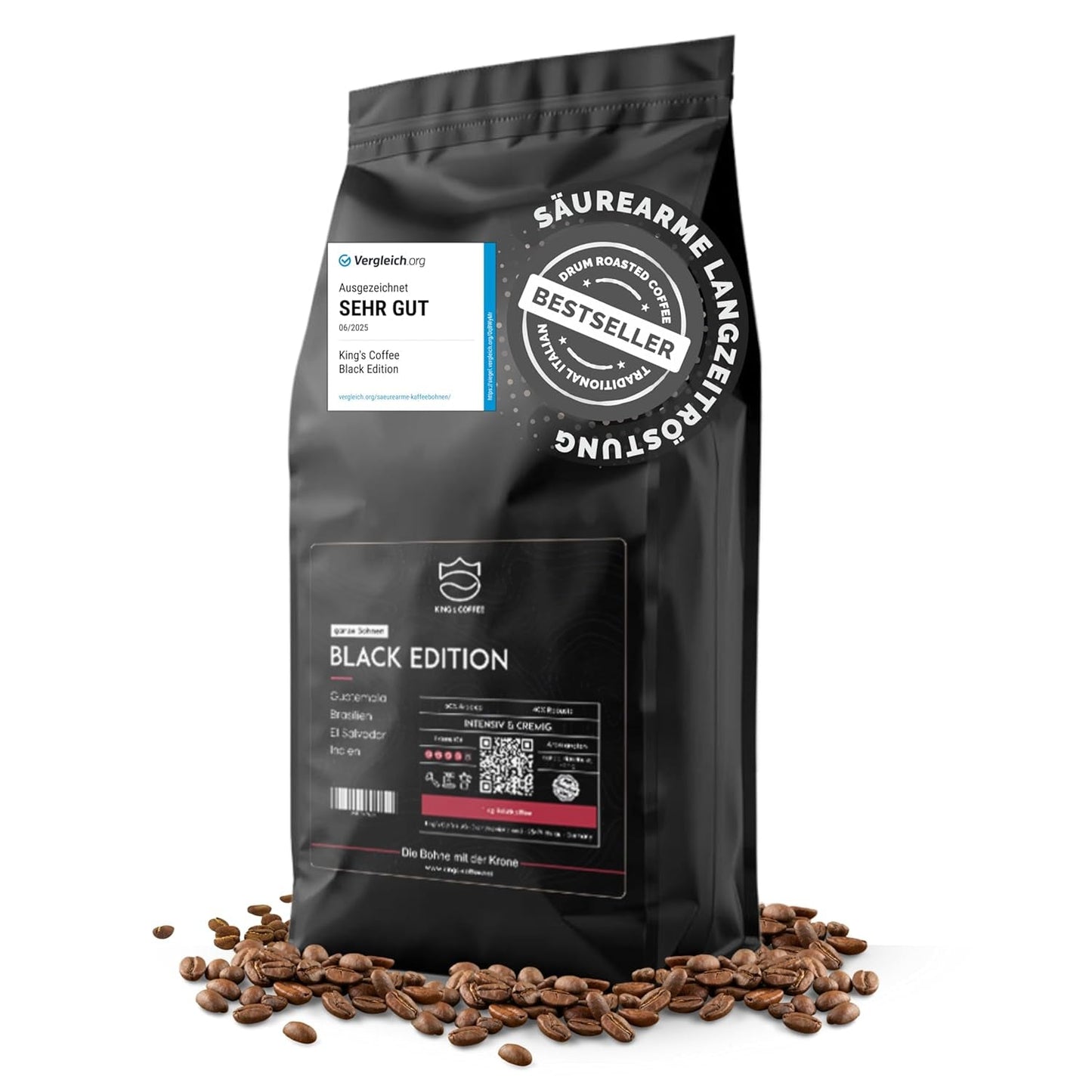 KING'S COFFEE - BLACK EDITION - 1 kg Intense Cream Koffiebonen - Koffie met lage zuurgraad - Kleine batch branding uit Italië - Sterke Arabica-espressobonen (blend) voor volautomatische en portafiltermachines