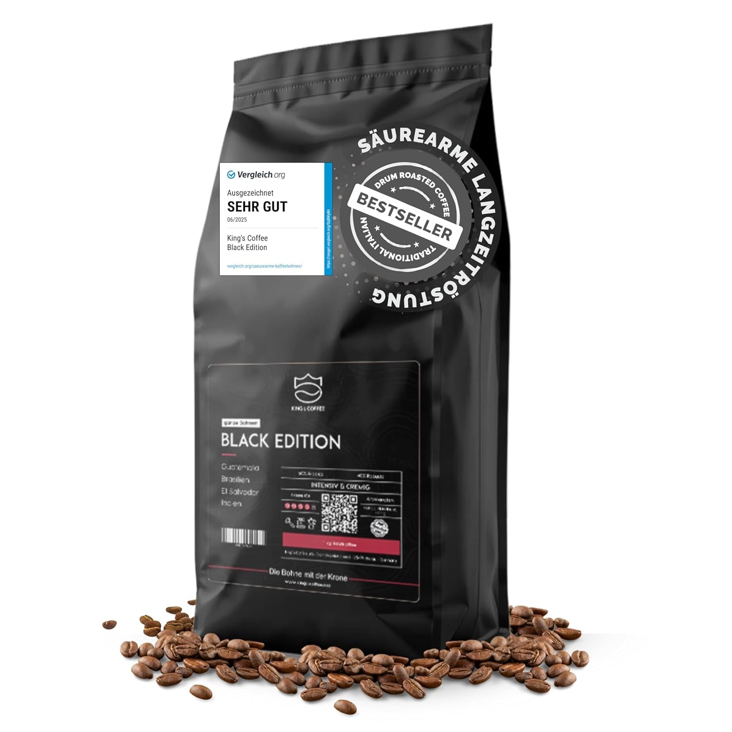 KING'S COFFEE - BLACK EDITION - 1 kg Intense Cream Koffiebonen - Koffie met lage zuurgraad - Kleine batch branding uit Italië - Sterke Arabica-espressobonen (blend) voor volautomatische en portafiltermachines