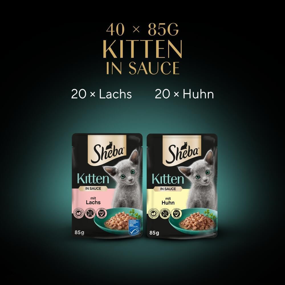 Sheba natvoer voor kittens, in diverse zakjes, met zalm (MSC) en kip in saus, multipack 40x85g