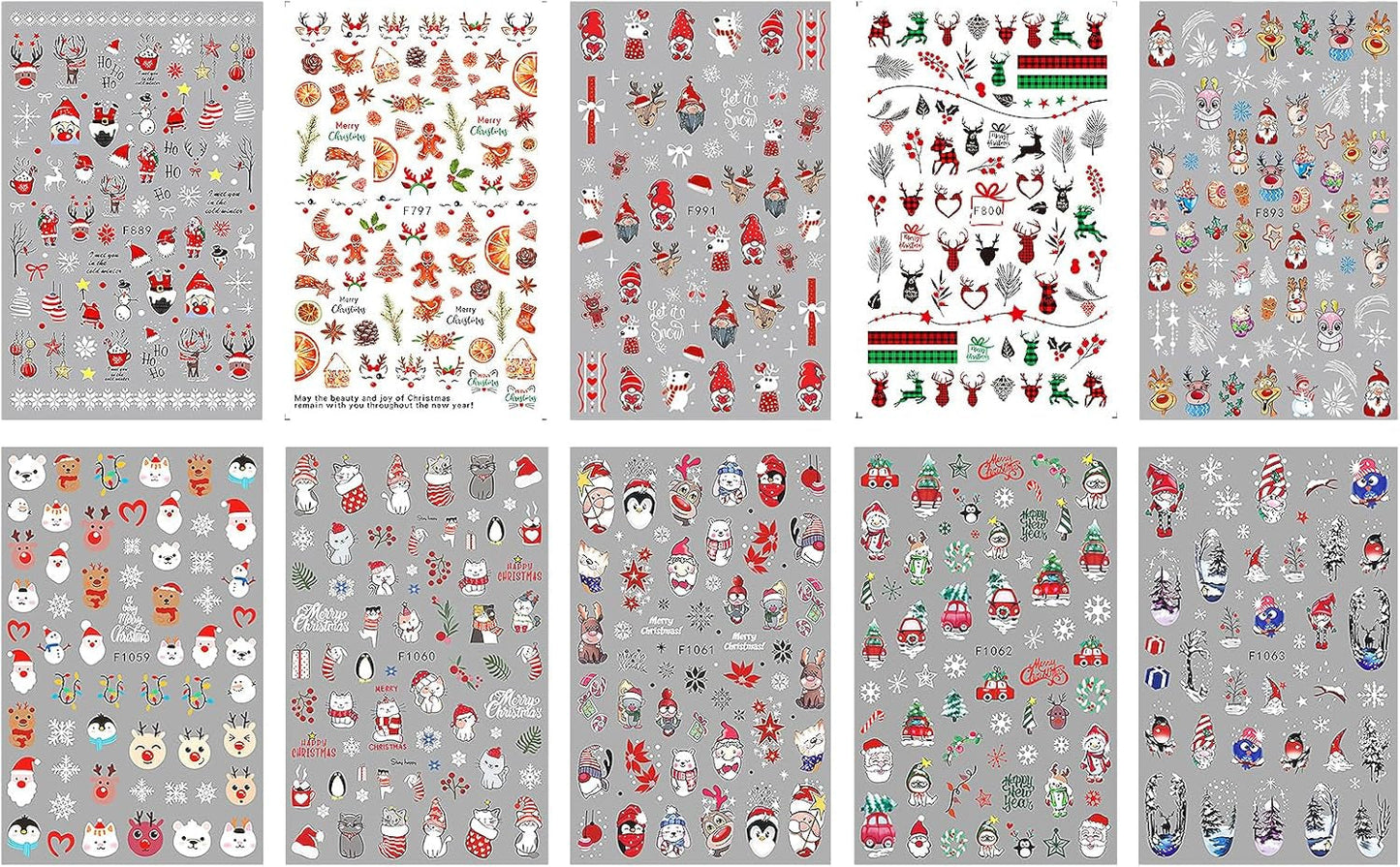 JMEOWIO Nagelsticker Weihnachten 10 Blatt Nail Art Sticker Selbstklebend Nagelaufkleber Schneeflocke Winter Urlaub Süß Decoratie Nageldesign Zubehör