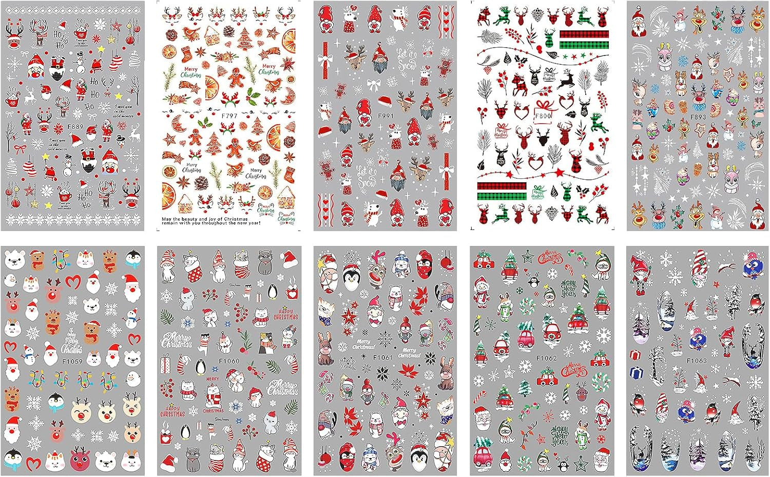 JMEOWIO Nagelsticker Weihnachten 10 Blatt Nail Art Sticker Selbstklebend Nagelaufkleber Schneeflocke Winter Urlaub Süß Decoratie Nageldesign Zubehör