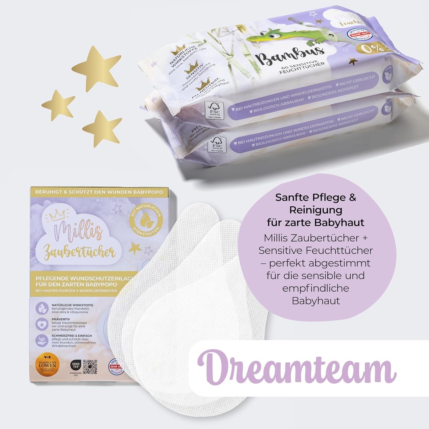 Millis Zaubertücher bei Windeldermatitis Baby, Bekannt aus "Die Höhle der Löwen", 25 Tücher (1 x 25er) met Aloë Vera, Mandelöl & Q10 - Pflegt, Schützt & dient als Wundschutz bei gereizter Haut