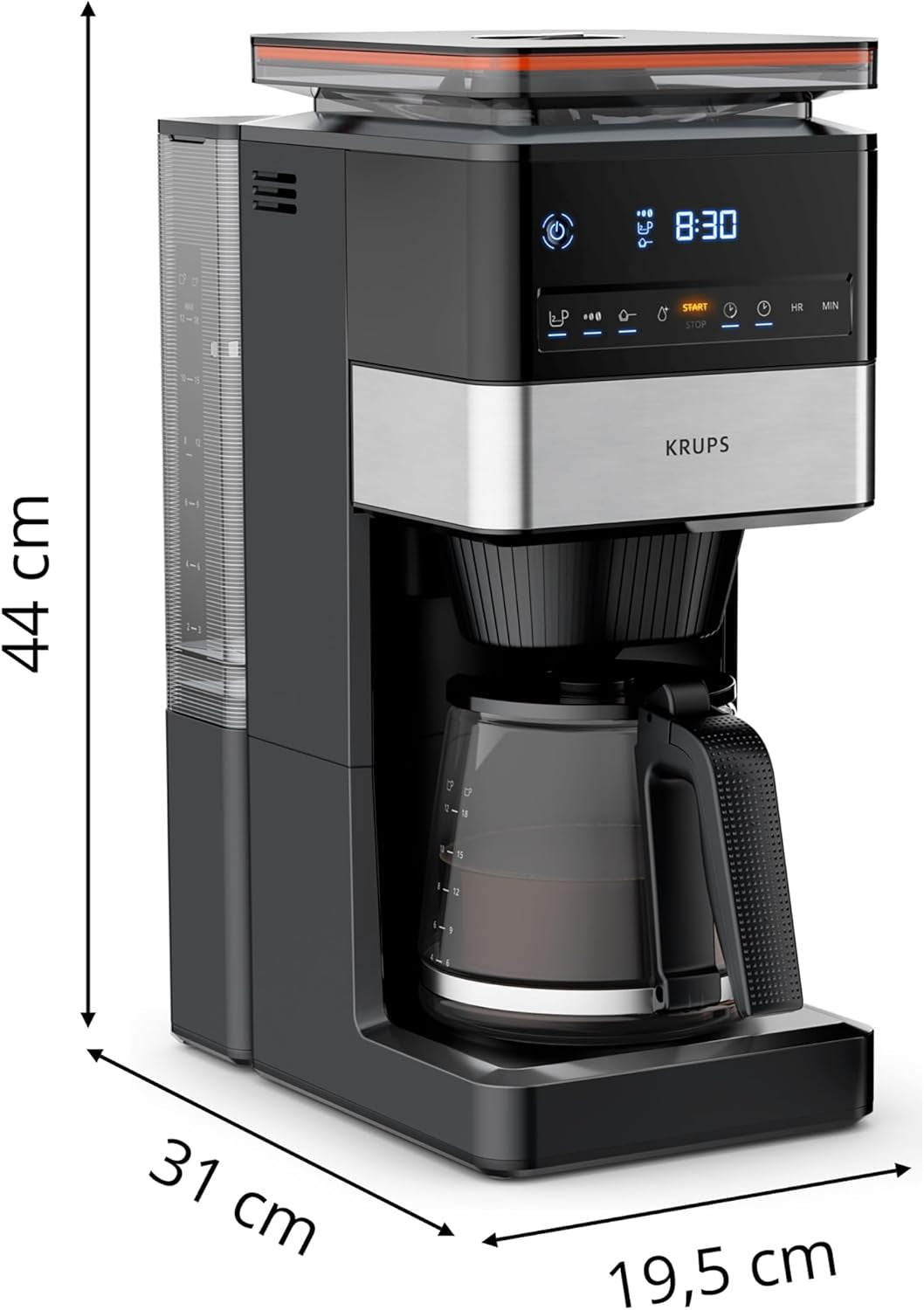KRUPS Grind Aroma XL espressomachine, afneembare conische molen, digitaal bedieningspaneel, XL-capaciteit (1,5 l), warmhoudfunctie, glazen karaf, zwart/roestvrij staal, KM842810