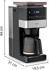 KRUPS Grind Aroma XL espressomachine, afneembare conische molen, digitaal bedieningspaneel, XL-capaciteit (1,5 l), warmhoudfunctie, glazen karaf, zwart/roestvrij staal, KM842810