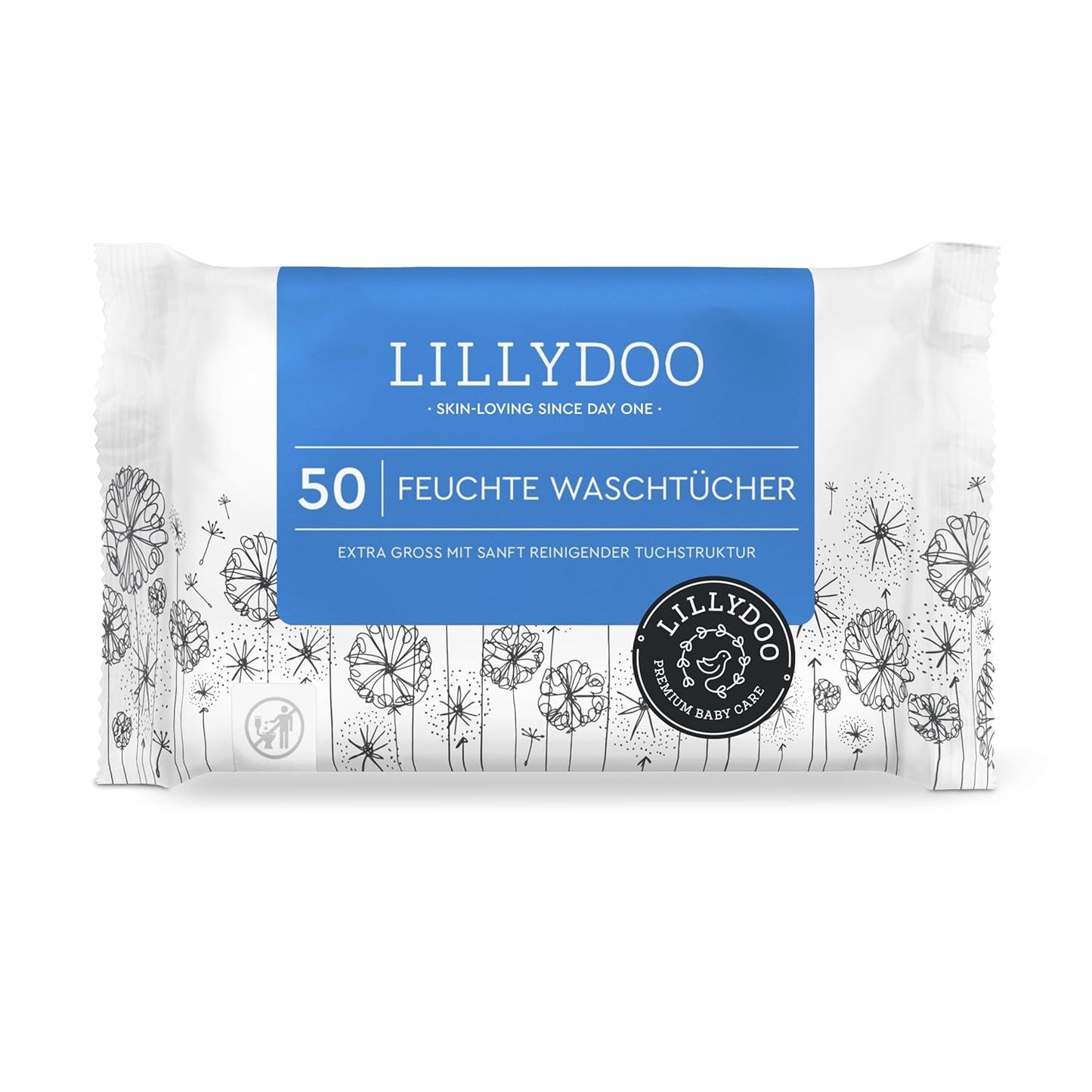 LILLYDOO Natte doekjes 50 stuks 100% plasticvrij extra groot doekje ongeparfumeerd