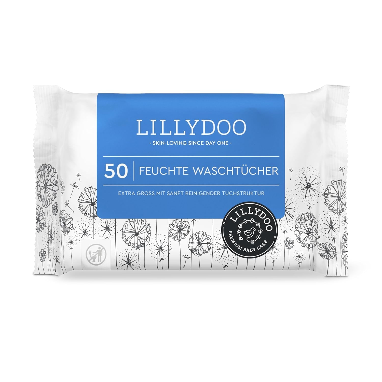 LILLYDOO Natte doekjes 50 stuks 100% plasticvrij extra groot doekje ongeparfumeerd