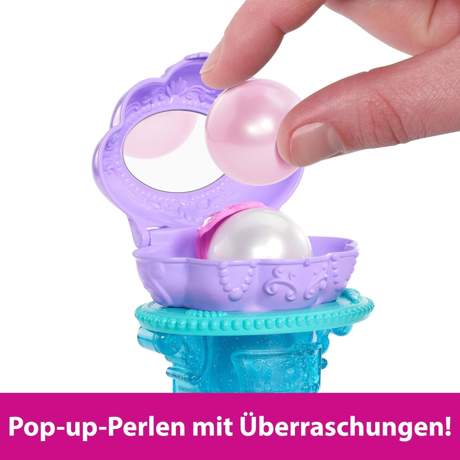 Mattel Disney Princess speelgoed, make-up schelp zeemeermin Arielle modepop met afneembare staart, make-uptafel met 5 herhaalbare pop-up verrassingen en 5 accessoires, JBF86 Naty Shop-poppen