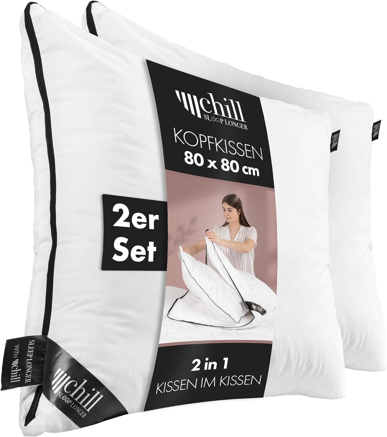 Kussen 80X80 Cm - 2 in 1 design - kussen in kussen - ademend en wasbaar groot slaapkussen en 100% vegan - 2 kussens 3 opties - kussen met 600G & 1200G vulling Naty Shop standaard kussens Premium kussen Set van 2 - 80 X 80 Cm