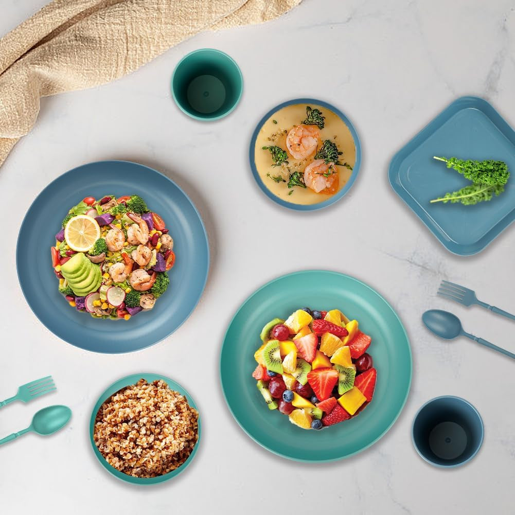 53-delig 4-persoons campingservies, onverwoestbaar 4-persoons campingservies, lichtgewicht plastic servies met draagtas, stapelbare borden en schalen, BBQ-tuin-picknickservies