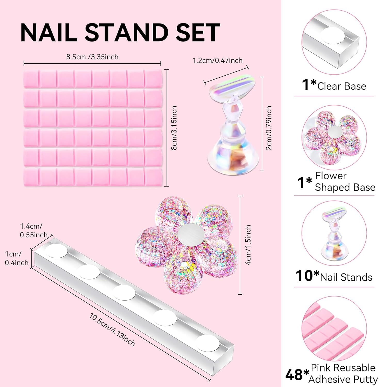 Makartt acryl nagelhouder, magnetische nagelhouder, nagelhouder, transparant roze nagelhouder met 48 zelfklevende stopverf