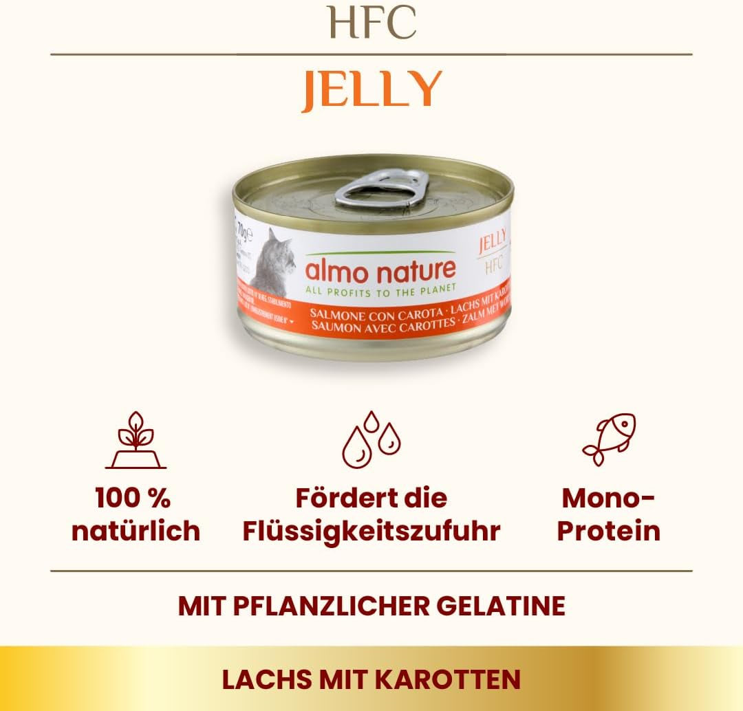 Almo Nature HFC Jelly - Natvoer voor volwassen katten - Zalm en Wortelen - Menselijke kwaliteit, Glutenvrij - 6 x 70g