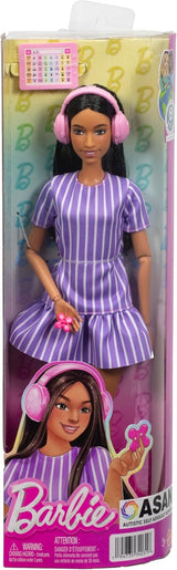 Barbie Fashionistas pop nr. 245, autistische pop met paars gestreepte jurk en accessoires zoals fidgetspinner, tablet en koptelefoon, JJN58