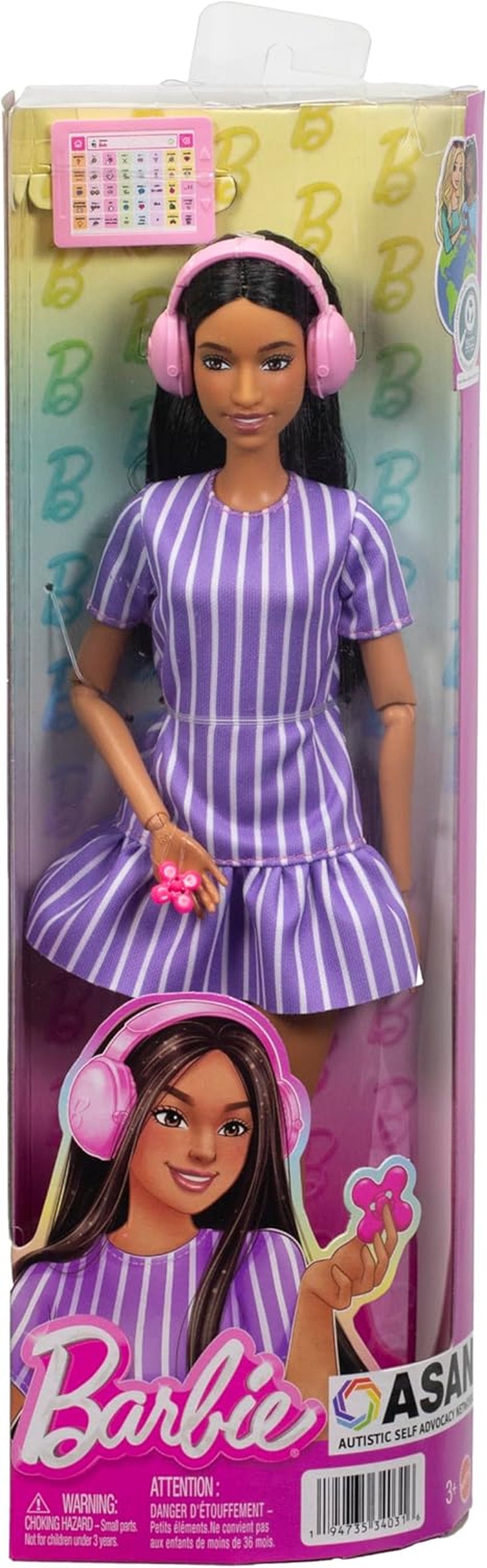 Barbie Fashionistas pop nr. 245, autistische pop met paars gestreepte jurk en accessoires zoals fidgetspinner, tablet en koptelefoon, JJN58