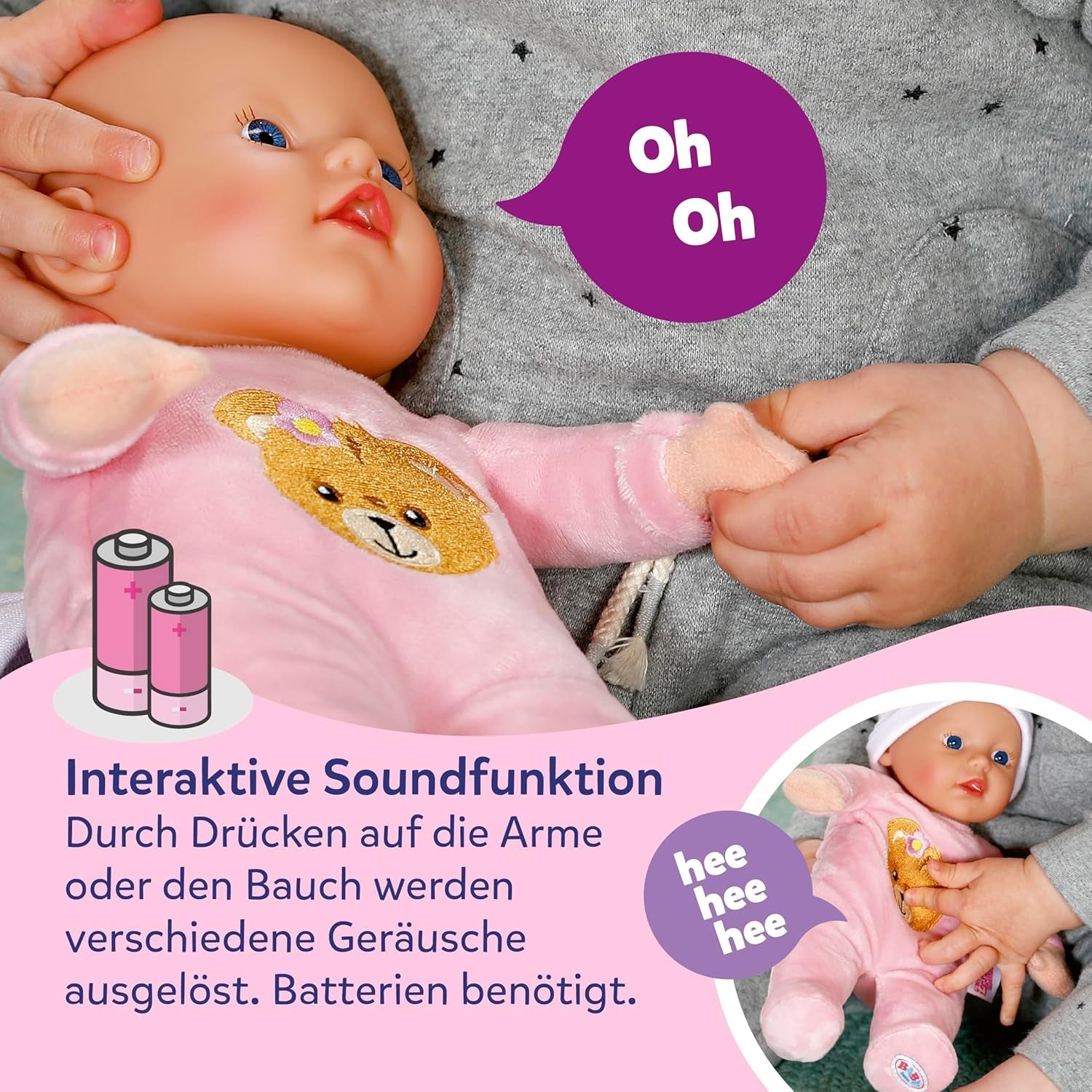 Baby Born Rosie zachte pop 30 cm met 6 geluiden en fles, roze