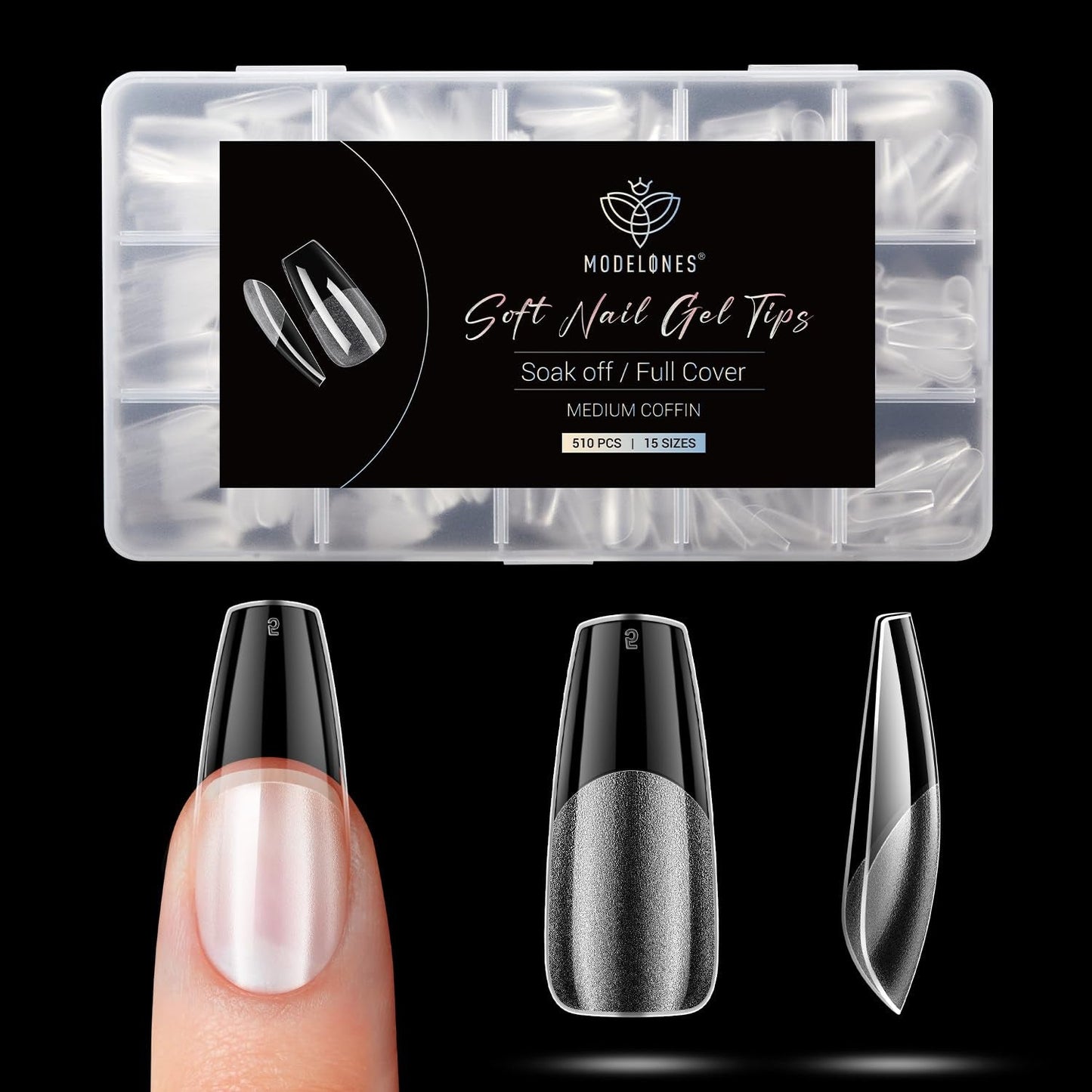 Modelones nageltips 510-delig - volledig dekkende nageltipsset, geltipsset, pre-polijst PMMA-hars nageltips, kunstnagels voor lijm op nail art DIY, korte Squoval
