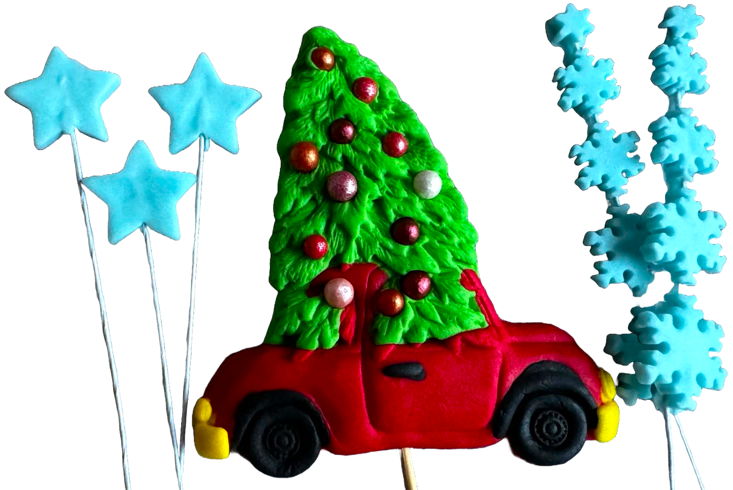 Set van 6 eetbare suikerpasta-decoraties, Kerstmis, auto, boom, sterren en sneeuwvlokken Suikerpasta-decoraties Naty Shop