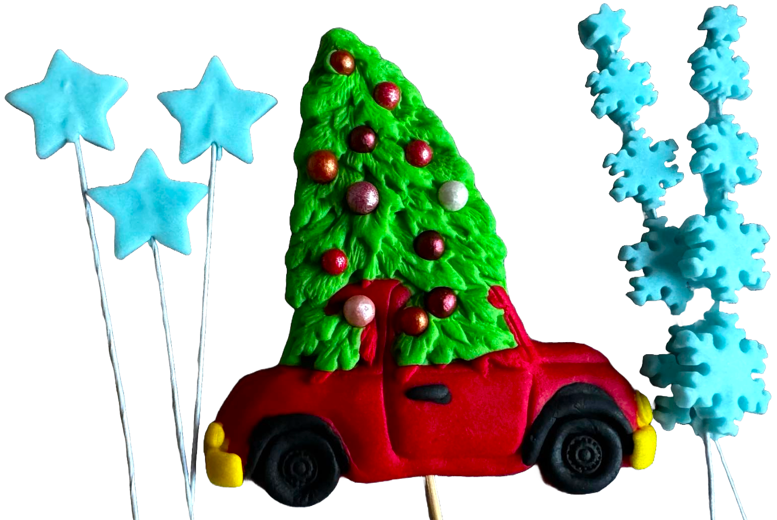 Set van 6 eetbare suikerpasta-decoraties, Kerstmis, auto, boom, sterren en sneeuwvlokken Suikerpasta-decoraties Naty Shop