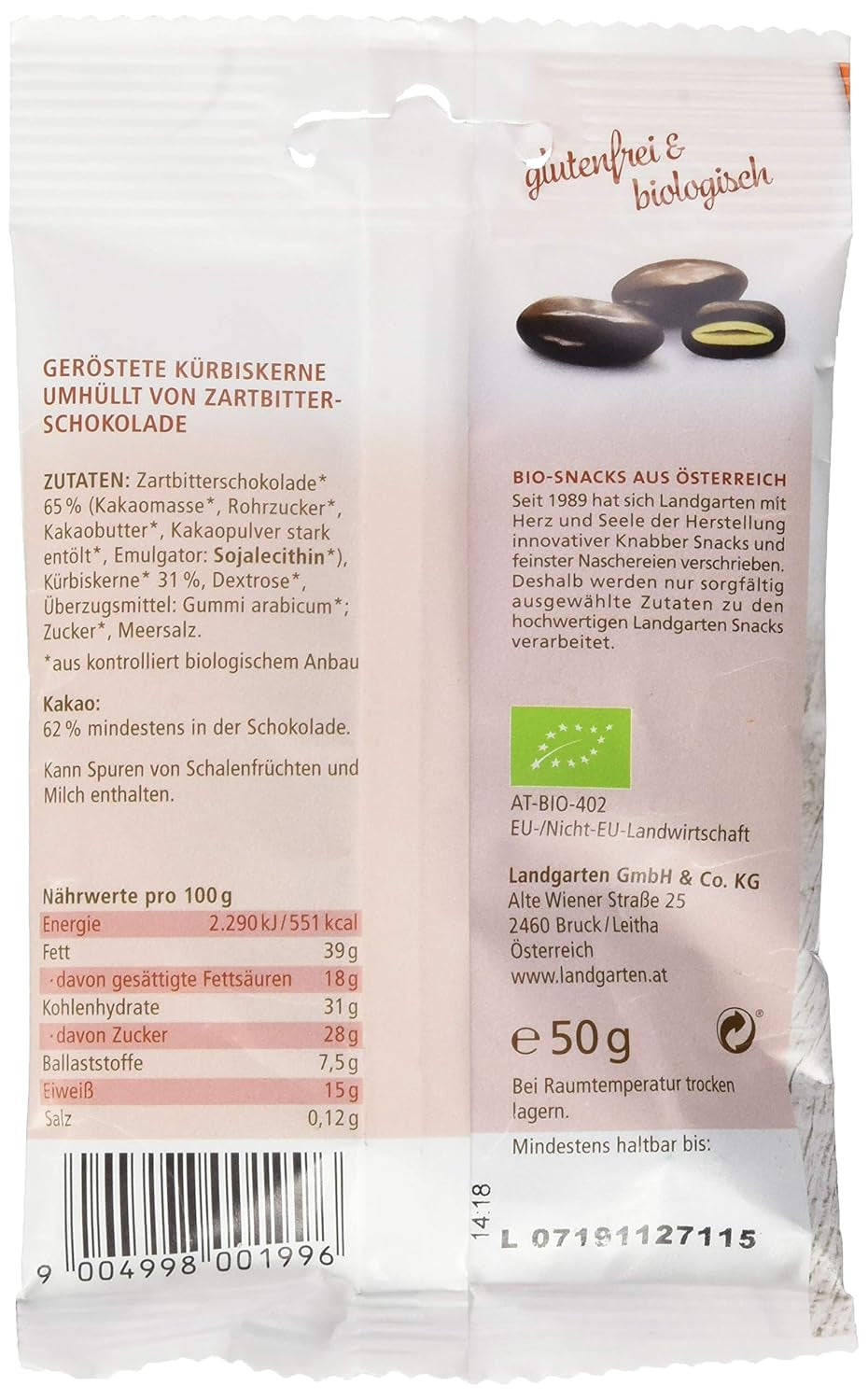 Landgarten Biologische pompoenpitten in pure chocolade - Veganistische geroosterde chocoladesnack met pompoenpitten - Bron van magnesium - 1 x 50 g