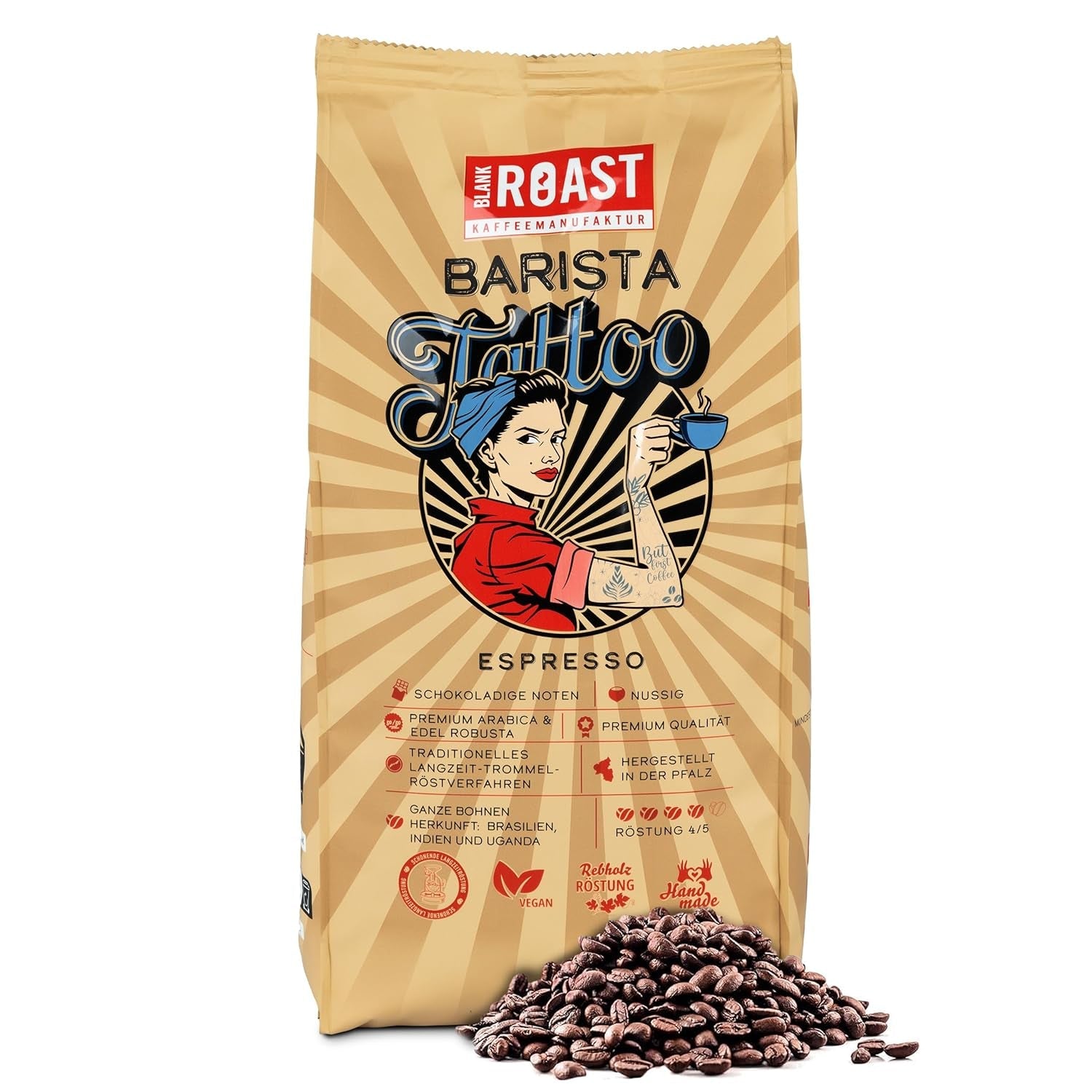 BLANK ROAST - Barista Tattoo Espresso - 1000g - in de lange tijd trommel-röstverfahren geröstet - Bohnen aus den besten Anbaugebieten - Premium Arabica & Edel Robusta - schokoladig & nussig - säurearm