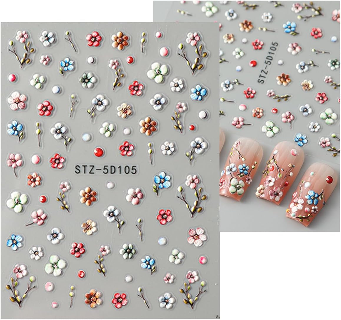 JMEOWIO 3D Nagelsticker Blumen Frucht Nail Art Sticker Selbstklebend Nagelaufkleber 5D Stereoskopische Decoratie Nageldesign Zubehör 4 Blatt
