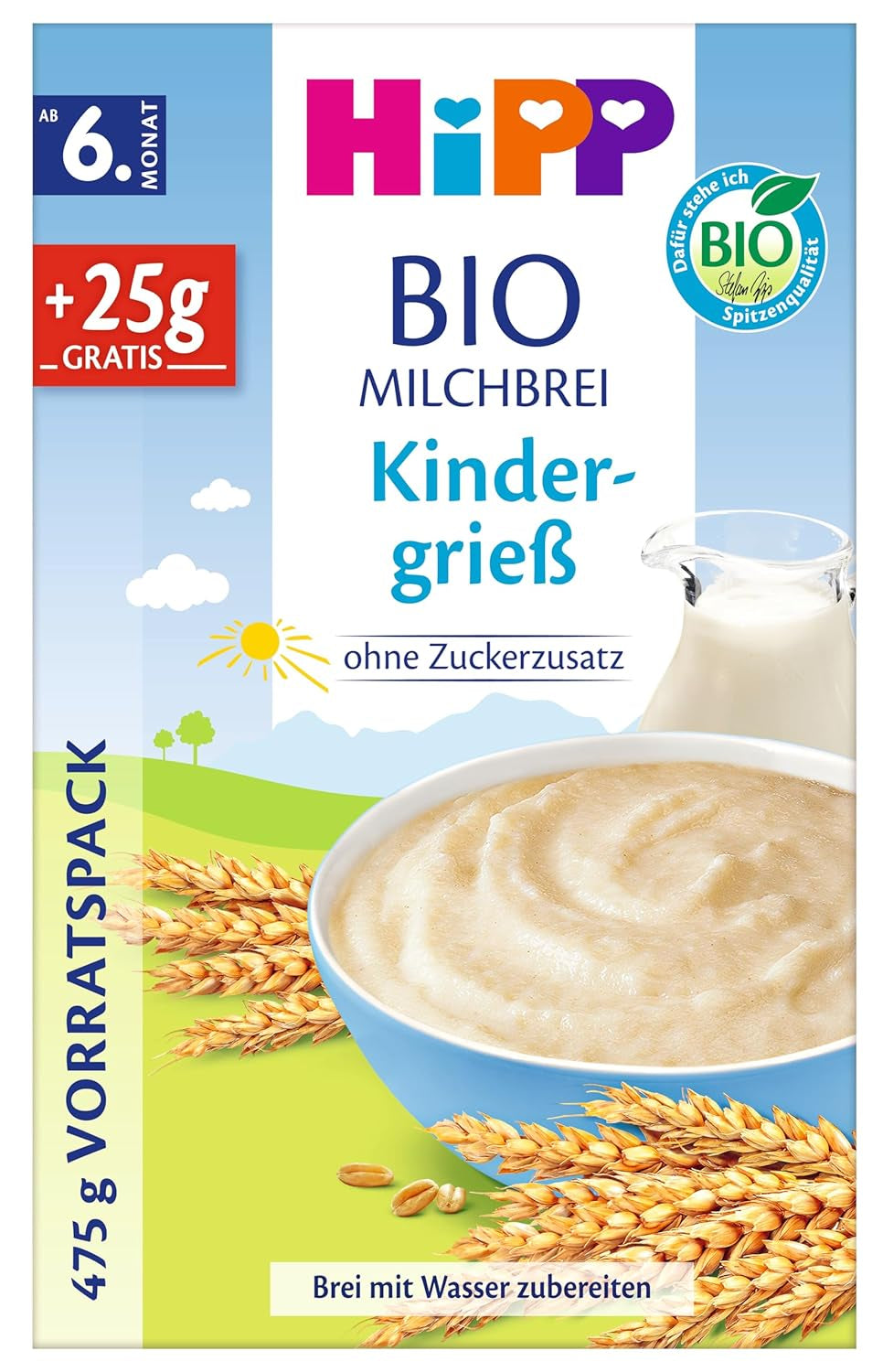 HiPP biologische melkpap voor baby's (4 x 475 g), vanaf 6 maanden, zonder toegevoegde suikers, zacht voor het buikje van de baby, beste biologische kwaliteit