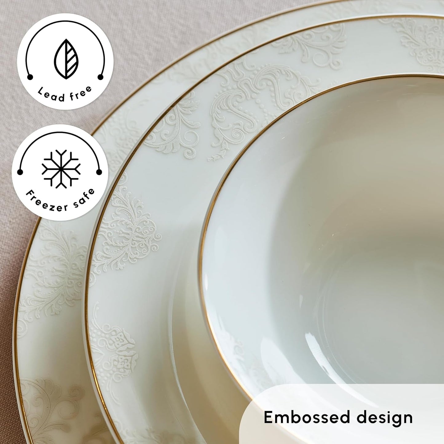 Karaca Elegance Bone Siena Serviesset voor 12 personen, moderne porseleinen serviesset, serviesset met soepkommen, serveerschaal, diepe borden, dessertborden - wit en goud