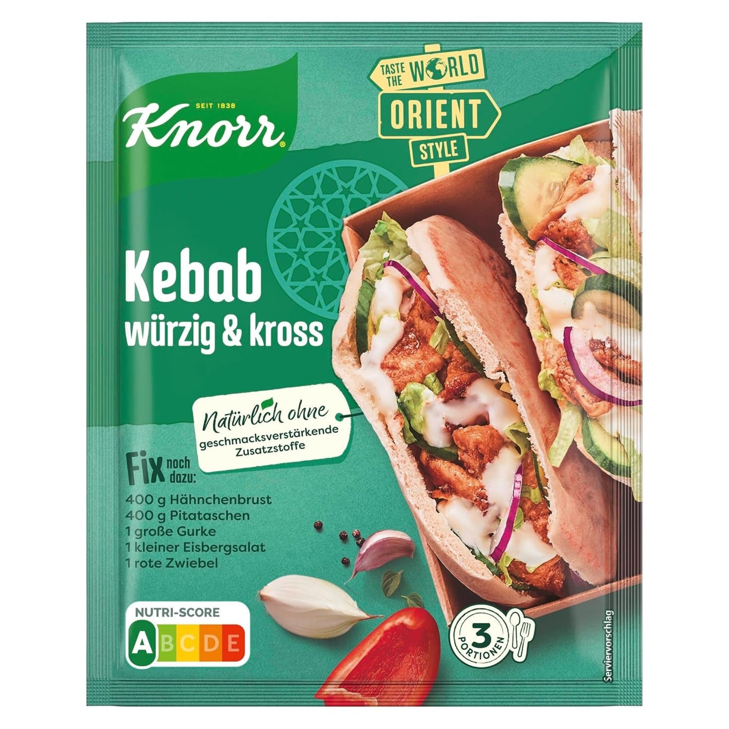 Knorr Fix Kebab voor een würzig en krosses Hähnchen Gericht ohne geschmacksverstärkende Zusatzstoffe 3 Portionen