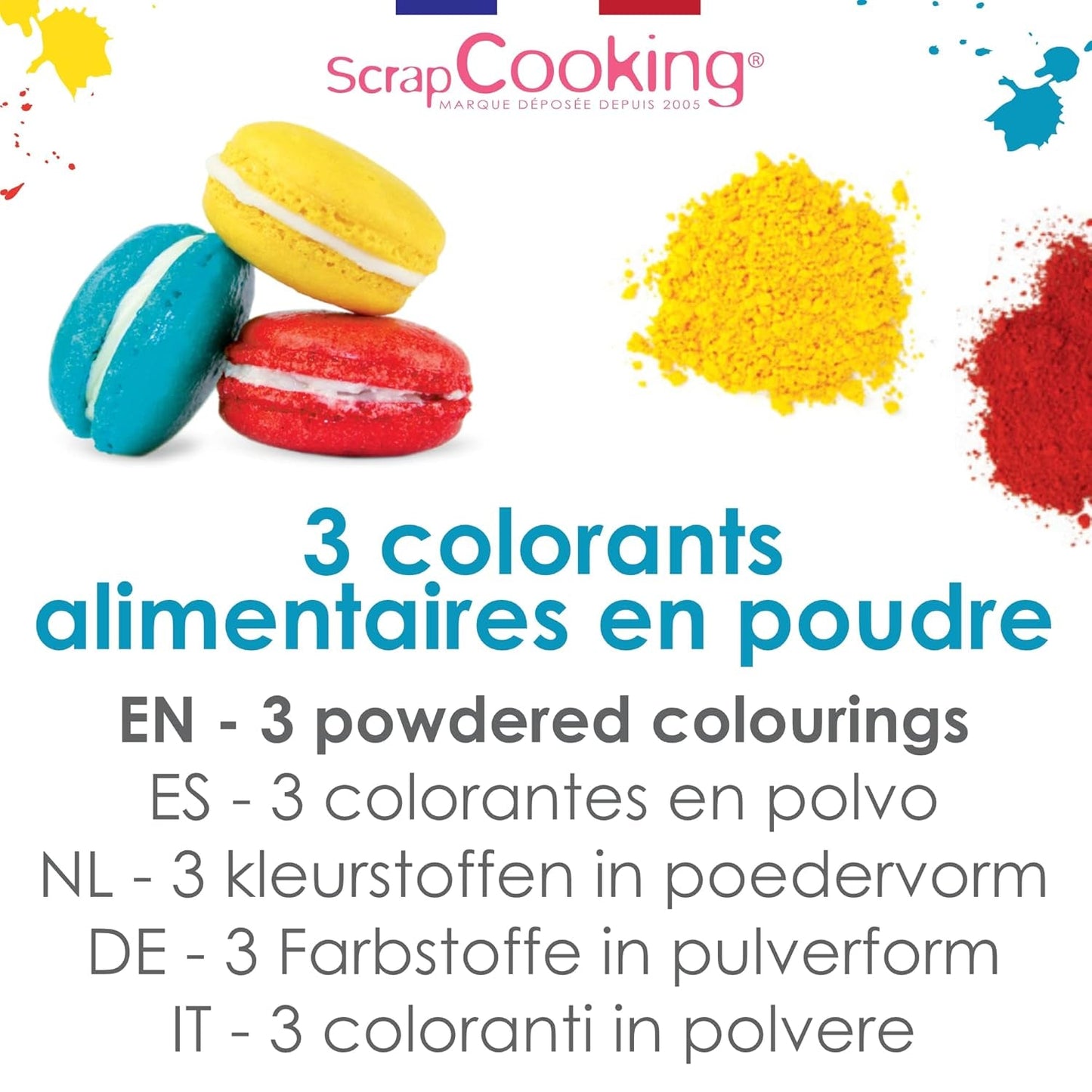 Scrapcooking - Set van 3 poedervoedselkleurstoffen - Rood Geel Blauw - Kleurstof voor bakken, cakes, koekjes, koekjes, deeg, fondant, regenboogcake - 4011
