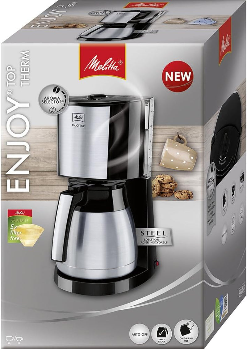 Melitta Enjoy Top Therm - Espressomachine met filter en thermische karaf in roestvrij staal, voor maximaal 10 koppen koffie, zwart/roestvrij staal