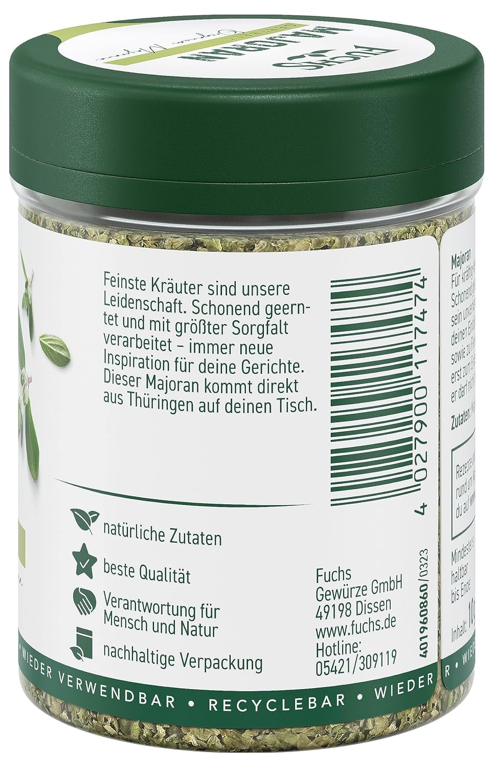 Fuchs Gewürze - Marjolein gerebelt - zum Würzen von Kartoffelgerichten, Fleischgerichten oder Eintöpfen - natuurlijke ingrediënten - 10 g in wiederverwendbarer, recyclebarer Dosis
