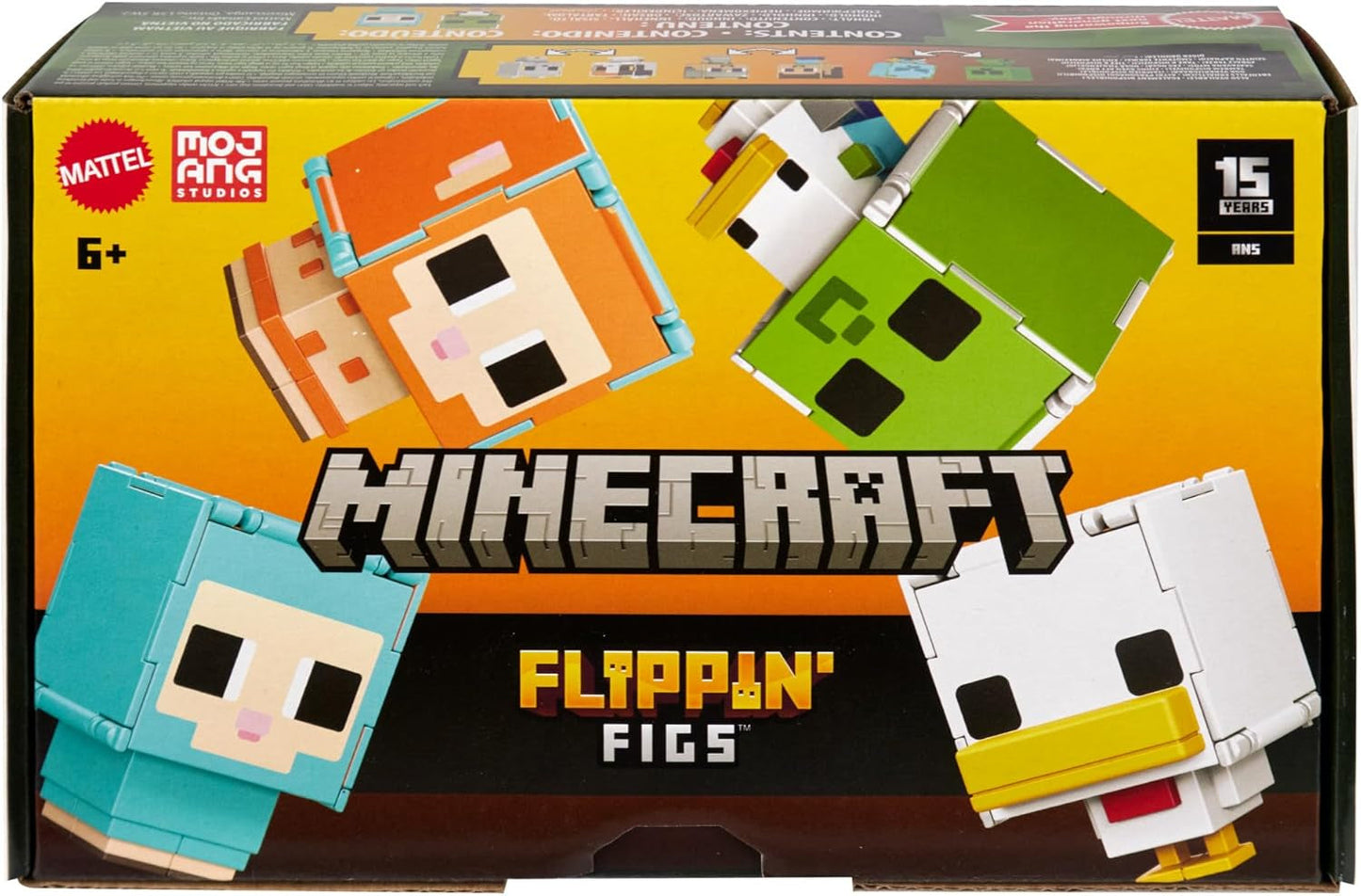 Mattel Minecraft Flippin' Figs Sheep and Chicken 2-pack met 2-in-1 speelfiguren, grote hoofden en pixelontwerp HXK17 actiefiguren Naty Shop
