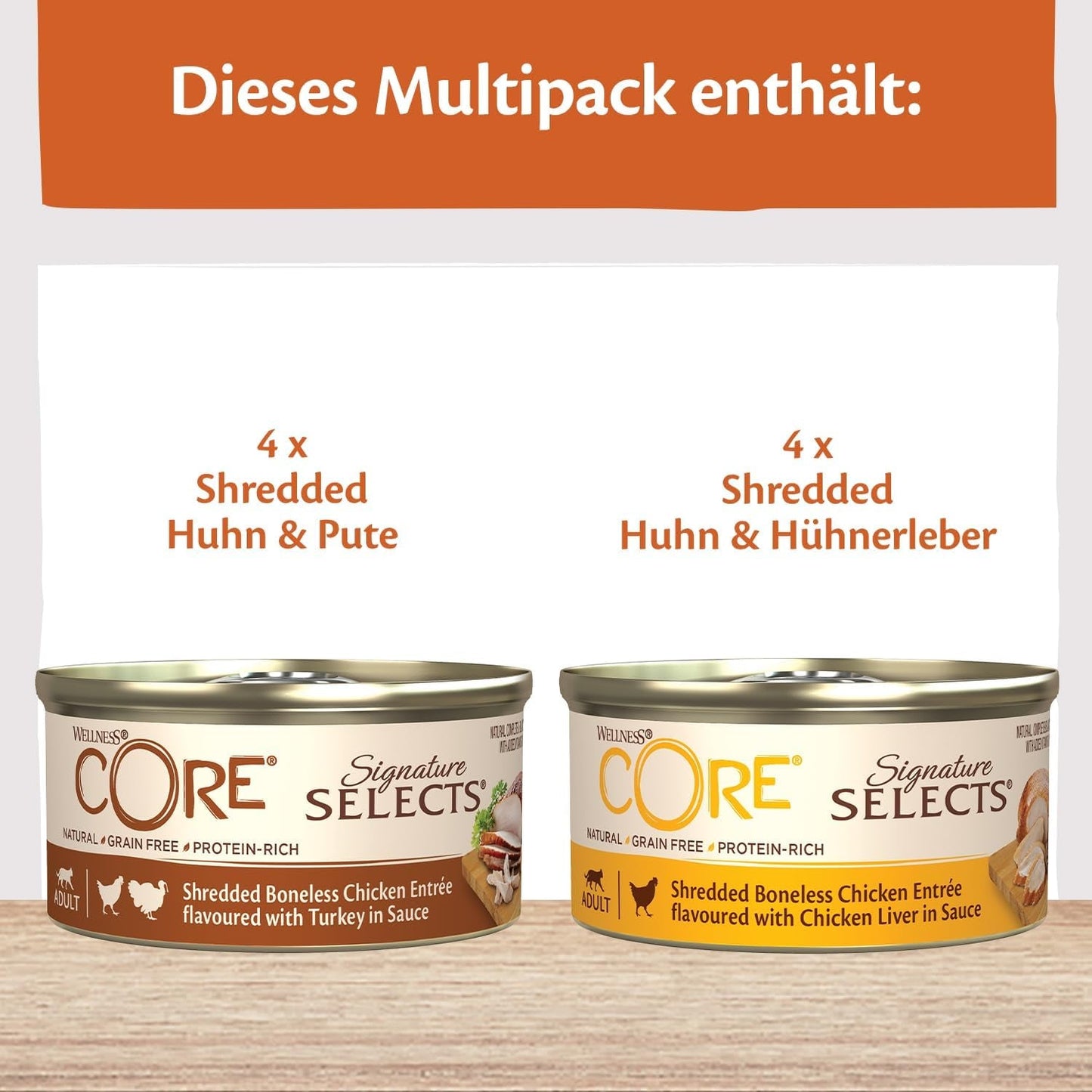Wellness CORE Signature Selects 8 x 79g, Kip en Kalkoen Mix - Natvoer voor katten, heerlijke reepjes in saus, graanvrij, natuurlijk, hypoallergeen, rijk aan eiwitten, rijk aan vlees