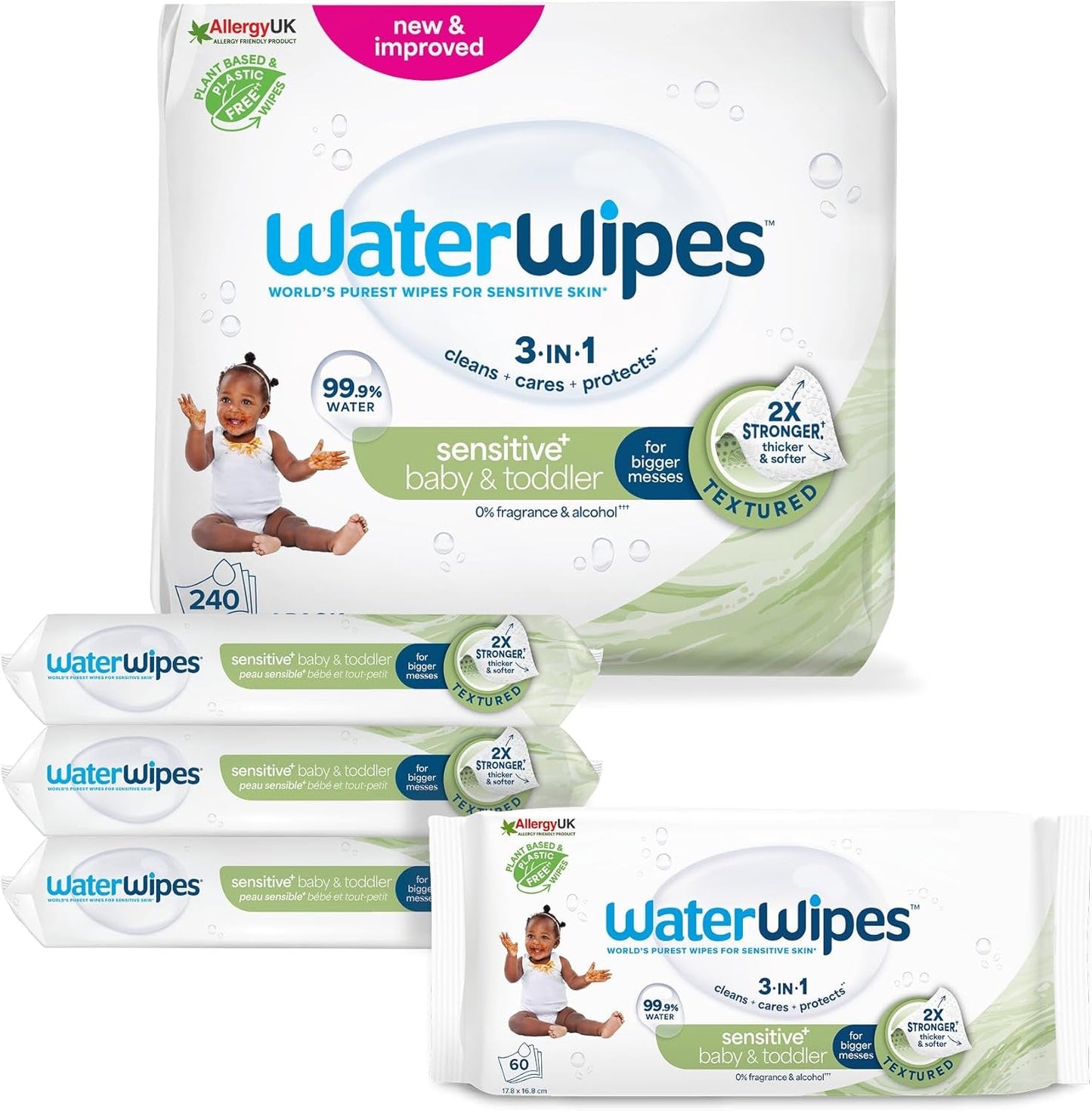 WaterWipes Sensitive+ vochtige doekjes voor baby's en peuters, 720 stuks (12 stuks), 3-in-1 reiniging, verzorging, bescherming, 99,9% water, structuurreiniging, geurvrij