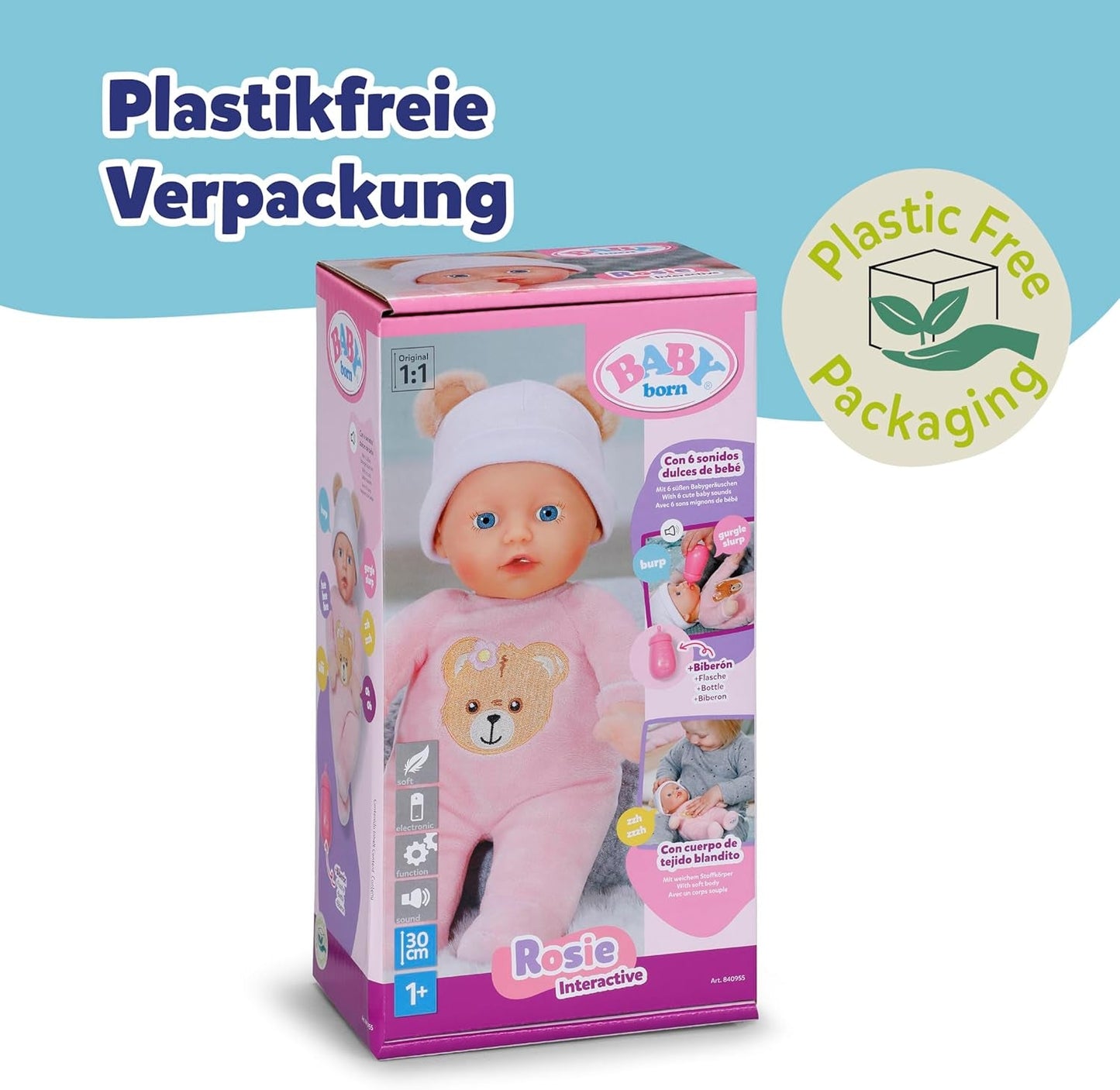 Baby Born Rosie zachte pop 30 cm met 6 geluiden en fles, roze