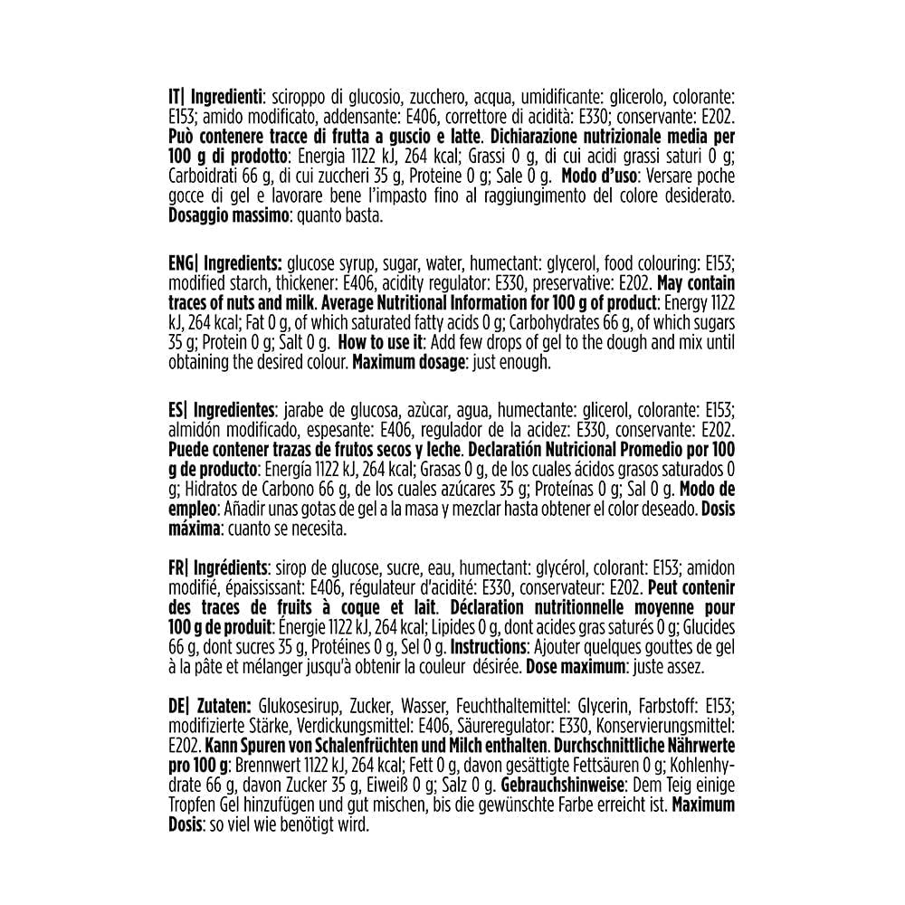 9600820 Gel-voedselkleuring, Gel-voedselkleuring ideaal voor coatings en decoraties, Creëert intense en heldere kleuren, Gemaakt in Italië, 28 gram, Zwarte kleur.