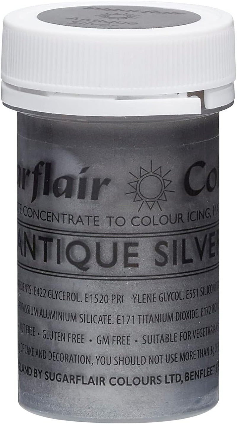 Sugarflair Pasta Kleurstof, Satijn Zilver, Pasta Kleurstof, Hoog Geconcentreerd, Voor Fondant, Marsepein, Suikerpasta, Botercrème, Cakemix - Satijnen Pasta Kleurstof - 25g