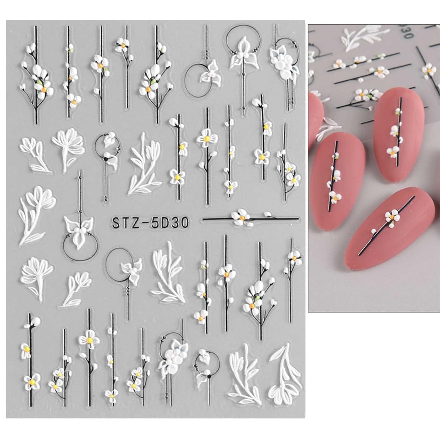 JMEOWIO 3D Nagelsticker Frühling Blume Nail Art Sticker Selbstklebend Nagelaufkleber 5D Stereoskopisch Blumen Decoratie Nageldesign Zubehör 4 Blatt