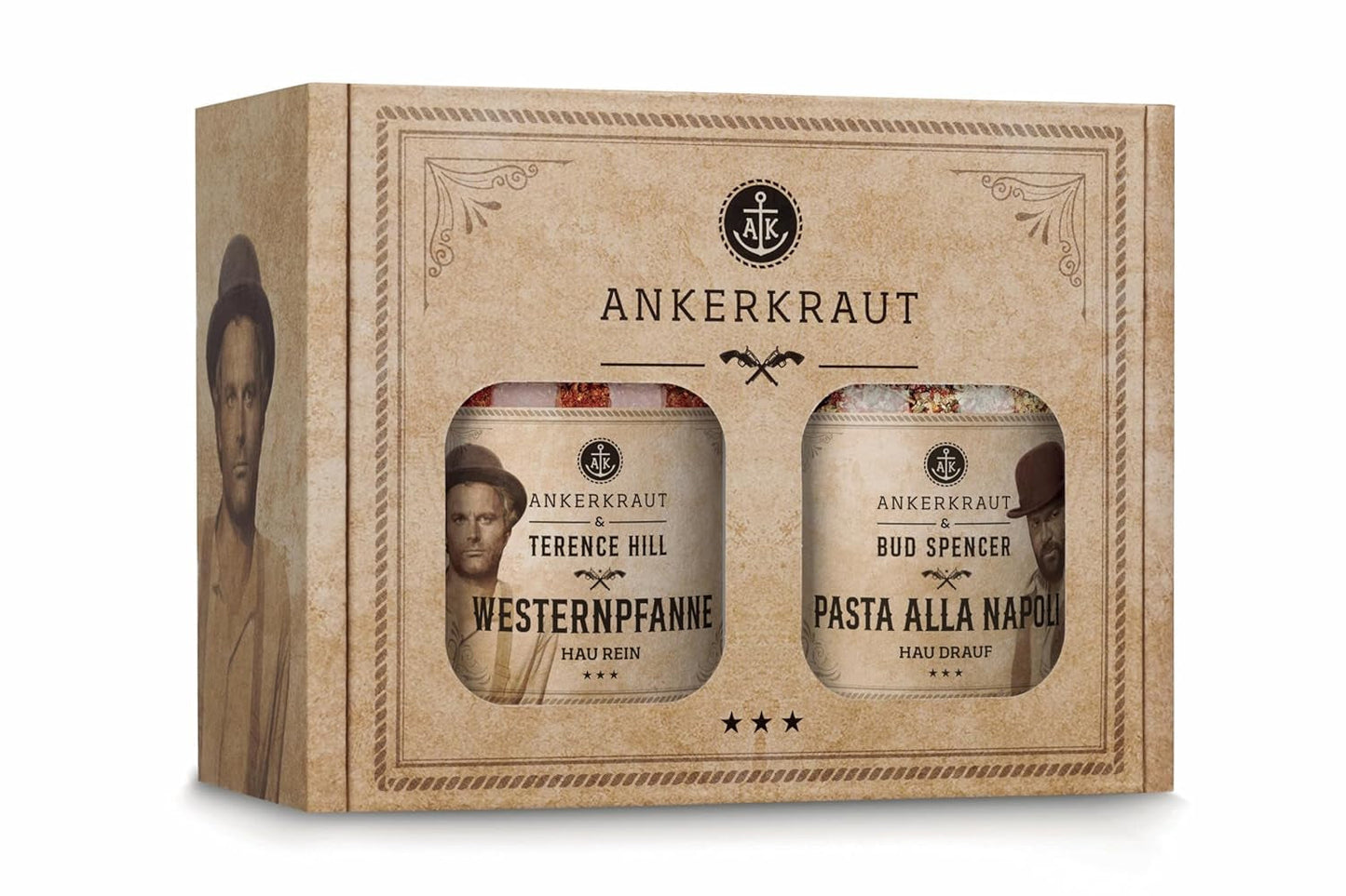 Ankerkraut Bud Spencer & Terence Hill Bagaluten Gewürz-Box, met Westernpfanne en Pasta alla Napoli, Geschenkset, lecker kochen, 195 g Gewürze Inhalt
