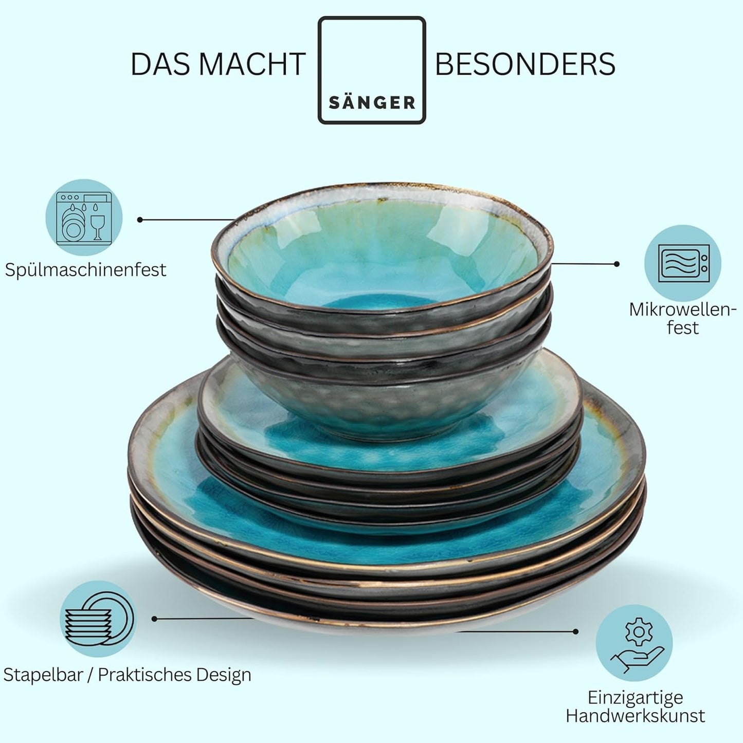 ZANGER | Capri Servies 12-delig Serviesset 4 Persoons Steengoed Servies Inclusief Dinerborden, Dessertborden en Suma Borden Handgemaakt Turquoise Serviesgoed met Grijze Rand | DE PREMIUM COLLECTIE