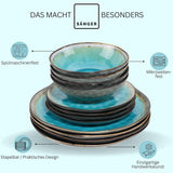ZANGER | Capri Servies 12-delig Serviesset 4 Persoons Steengoed Servies Inclusief Dinerborden, Dessertborden en Suma Borden Handgemaakt Turquoise Serviesgoed met Grijze Rand | DE PREMIUM COLLECTIE