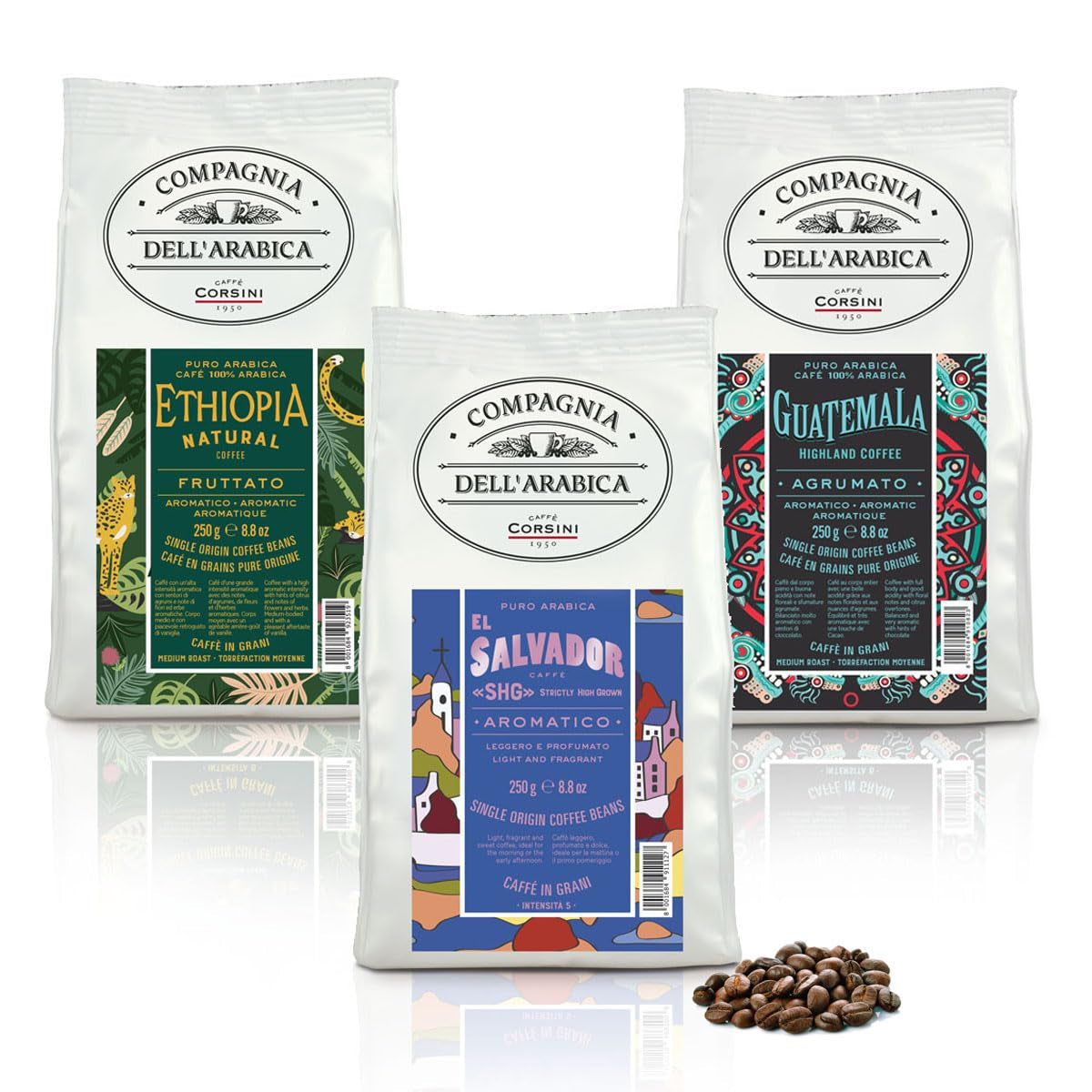 Caffè Corsini - Kaffeebohnen 3x250g Compagnia Dell'Arabica Set Guatemala/Äthiopien/El Salvador, Einzelner Ursprung, totaal 750g