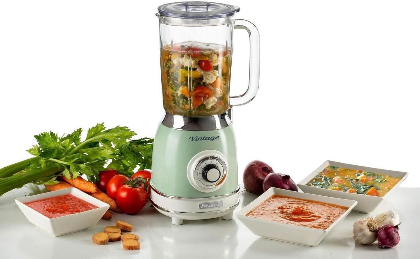 Ariete Vintage 583 Mixer Aus Glas, Retro Multifunctionele Mixer Met 4 Klingen, 4 Geschwindigkeiten + Pulse-Funktion, Ice-Crusher Funktion, 1,5 Liter Fassungsvermögen, 1000W, Green Kitchen Naty Shop