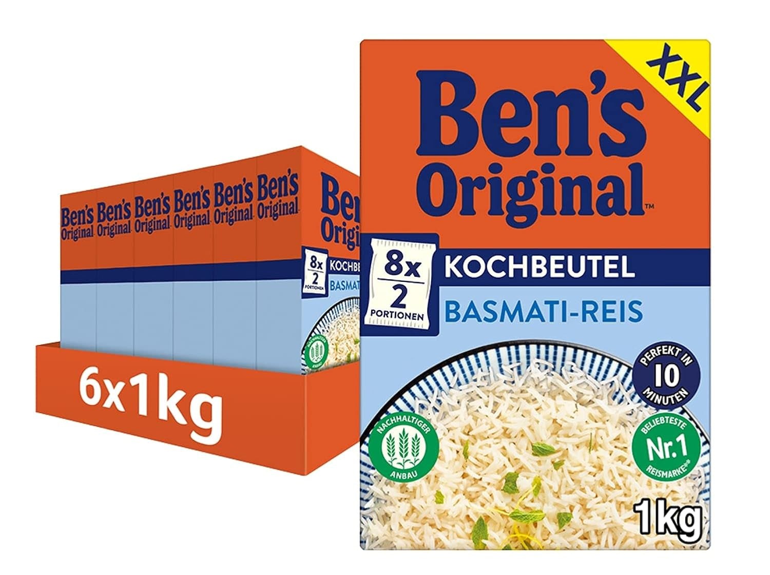 Ben's originele basmatirijst, gekookt in zak gedurende 10 minuten, 6 pakken (6 x 1 kg)