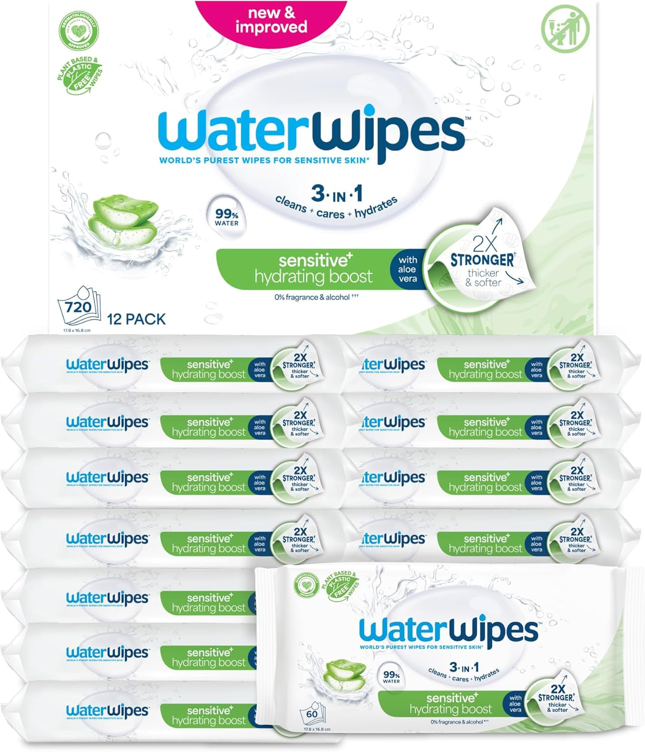 WaterWipes Sensitive+ Hydrating Boost Vochtige doekjes, Hydraterende doekjes, 360 stuks (6 stuks), 3 in 1 Schoon, Verzorgend, Hydrateren, 99% Aloë Vera Water, Ongeparfumeerde babydoekjes