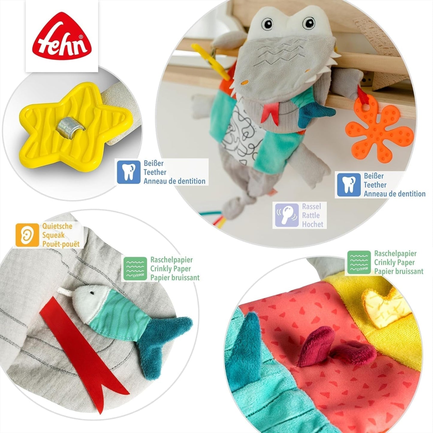 Fehn Babyhandpop Krokodil - Knuffel met rammelaar, ritselend papier, bijtring en pieper - Babyhandpop - Knalspeelgoed voor baby's en peuters vanaf 6 maanden Babyspeelgoed Naty Shop