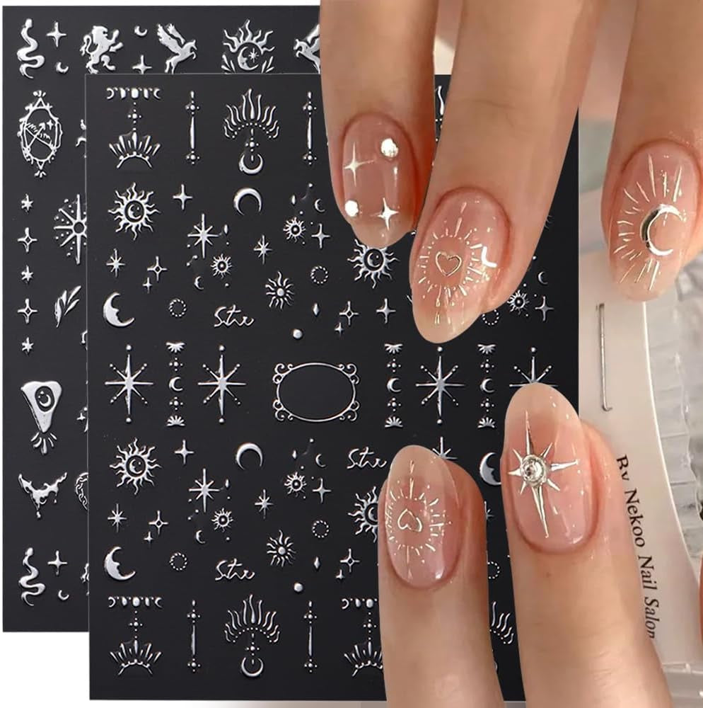 3D zilver metallic nagelstickers, nagelstickers voor vrouwen, ster, maan, zon, nagelfolie, zelfklevende stickers, vlindernagelstickers, nagelstickers, nageldesignaccessoires, 8 stuks