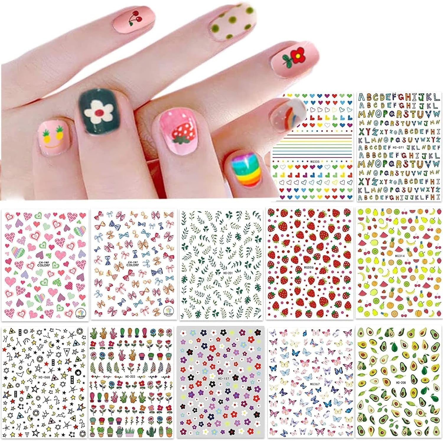 12 Blatt Nagelsticker Süß Kinder Nagelaufkleber Selbstklebend Weihnachtsblumen Blätter Tiere Pflanzen Früchte Nail Art Sticker Decoratie Nageldesign Zubehör