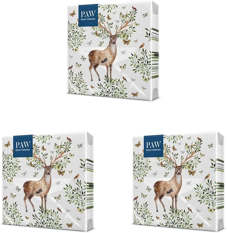 PAW - 3-laags servetten (33 x 33 cm) I 20 stuks I Perfect voor kinderverjaardagen, feesten, communies en feestdagen I Kleurrijke papieren servetten met feestmotief I Dieren, vreugde, feest - gewei